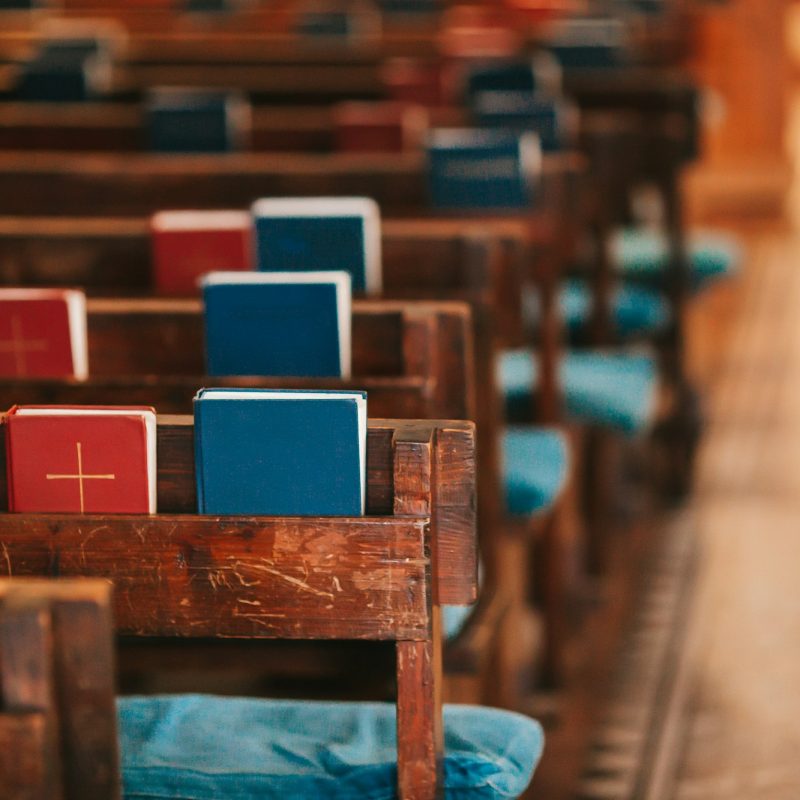 Bible on wooden table in church